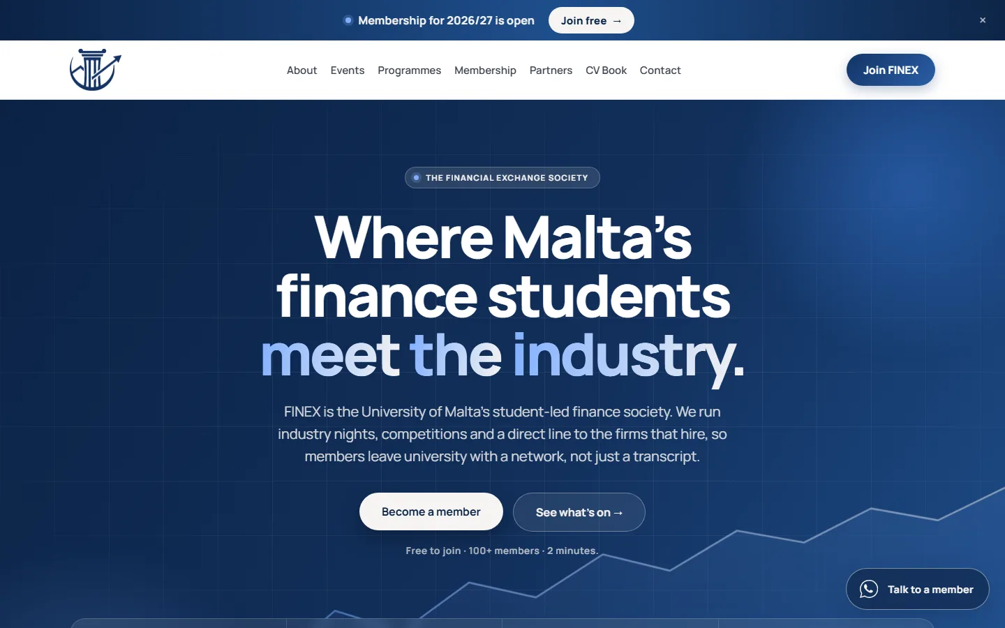 FINEX homepage: navy hero, membership numbers and the join button