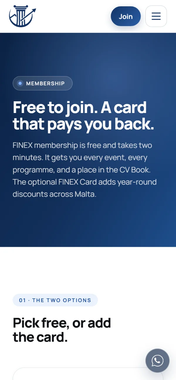 FINEX membership page on a phone